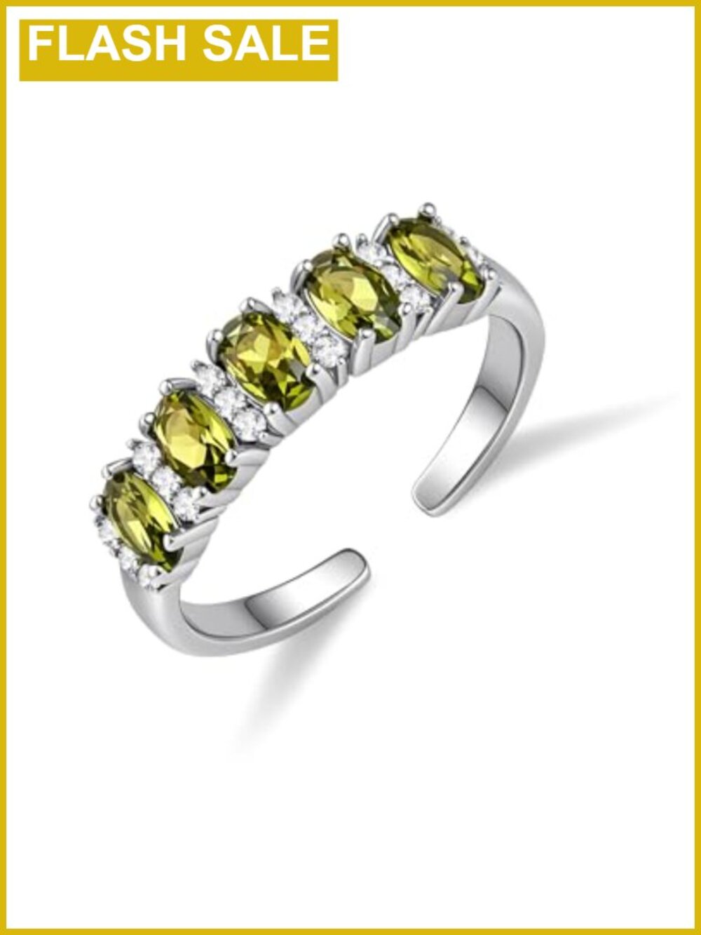 Silver Plated Adjustable Peridot Ring Cubic Zirconia Oval